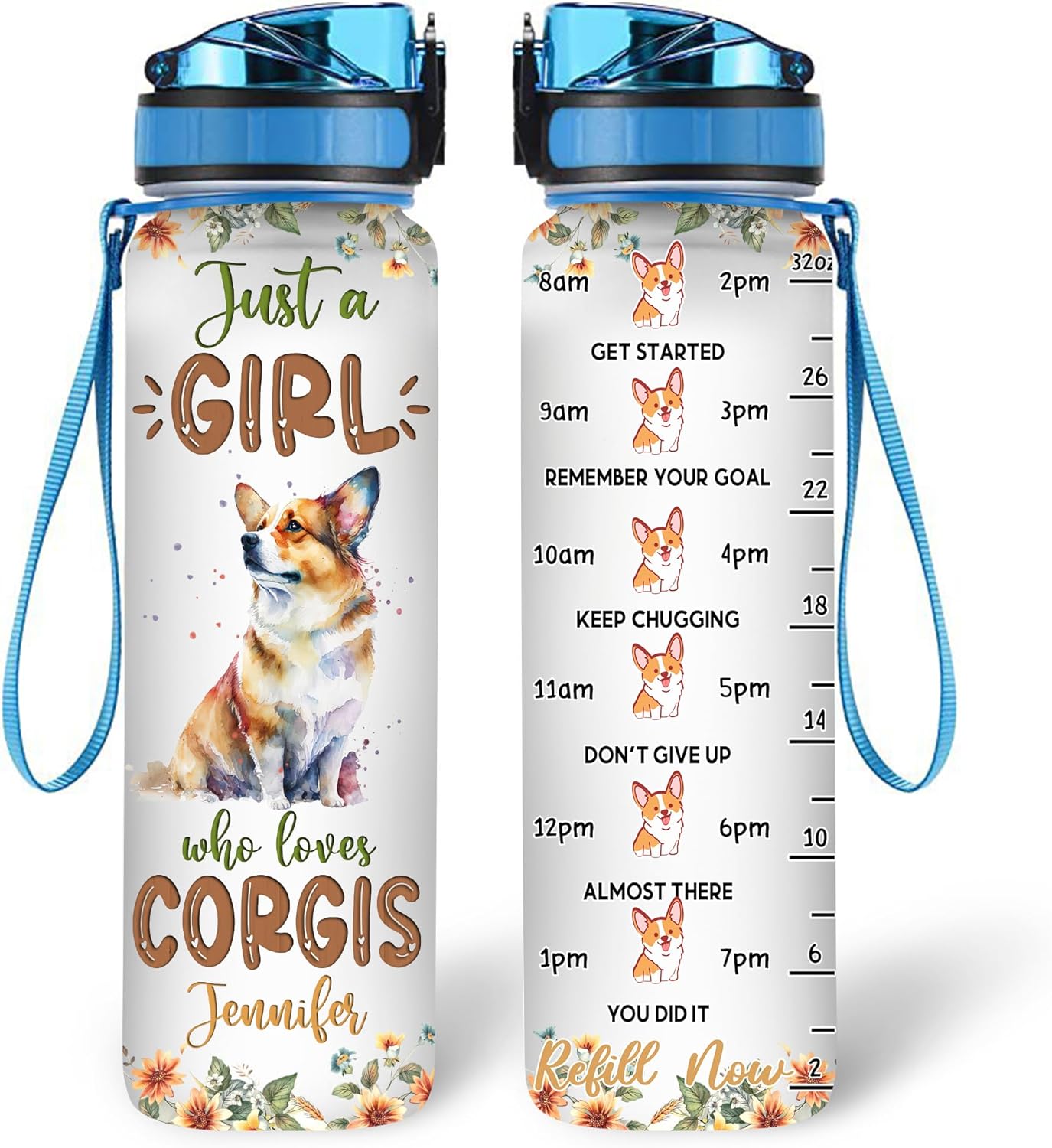 Corgi Lovers Water Bottle Tracker 32oz – Personalized Motivational Hydration Bottle with Time Marker – Fun Gift for Women, Girls on Birthday, Christmas