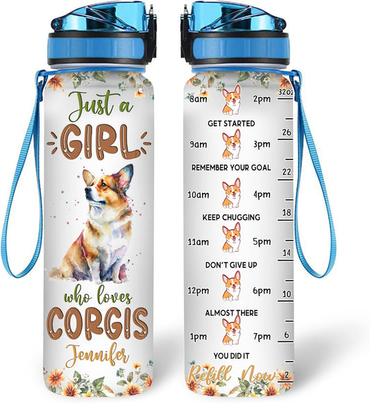 Corgi Lovers Water Bottle Tracker 32oz – Personalized Motivational Hydration Bottle with Time Marker – Fun Gift for Women, Girls on Birthday, Christmas