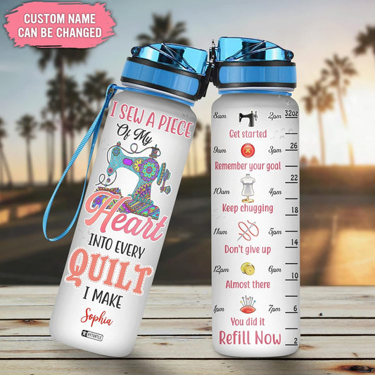 Quilt Sewing Theme Water Bottle Tracker 32oz – Personalized BPA-Free Bottle with Time Marker – Creative Gift for Quilters & Sewing Lovers