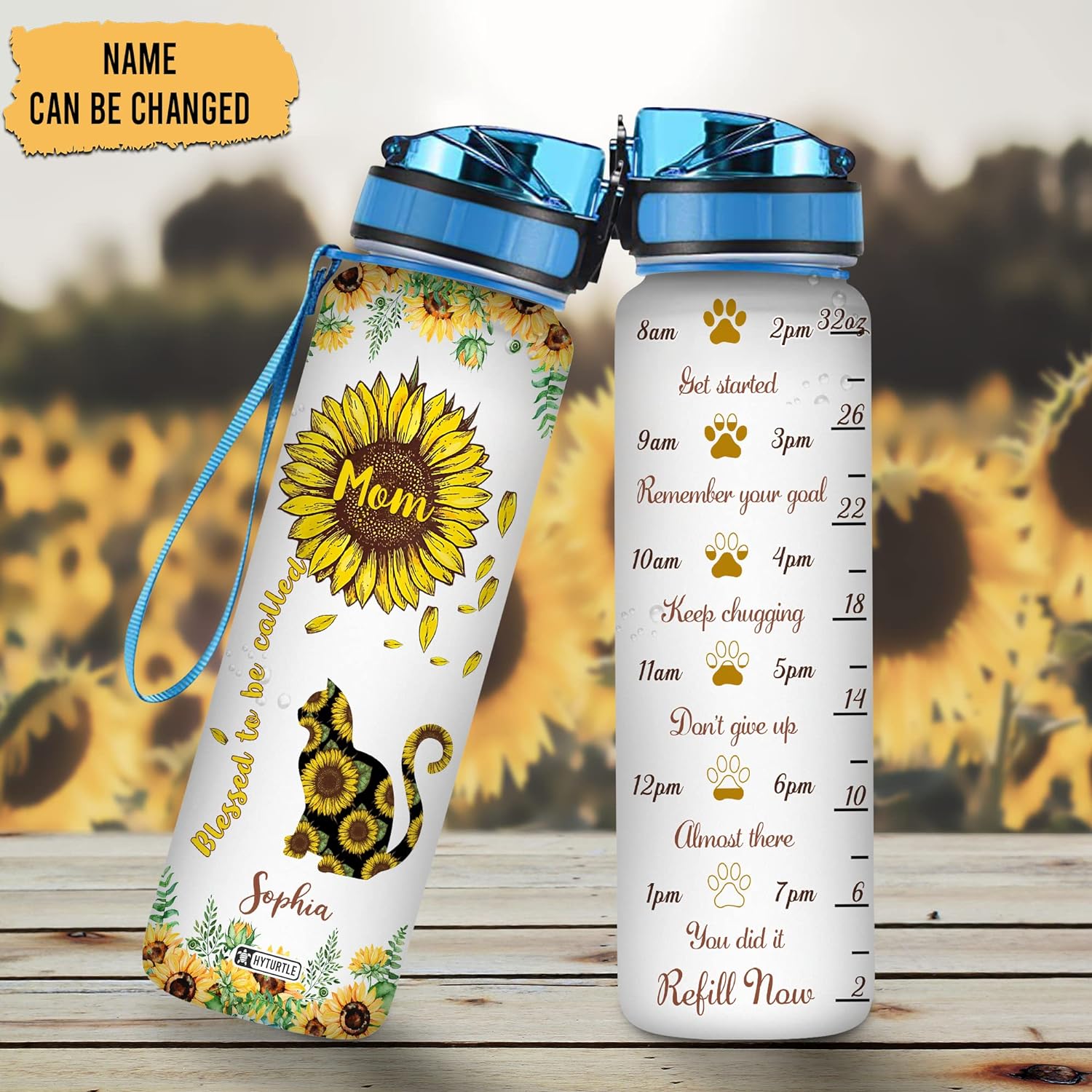 Blessed To Be Called Cat Sunflower - Personalized Water Tracker Bottle 32oz