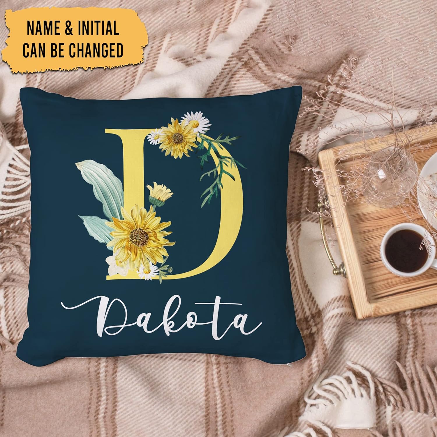 Initial Name Sunflower - Personalized Pillow (Insert Included)