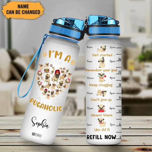 Pug Lover Water Bottle Tracker 32oz Personalized – Cute Motivational Dog Tumbler with Time Marker – Fun Gift for Pet Owners