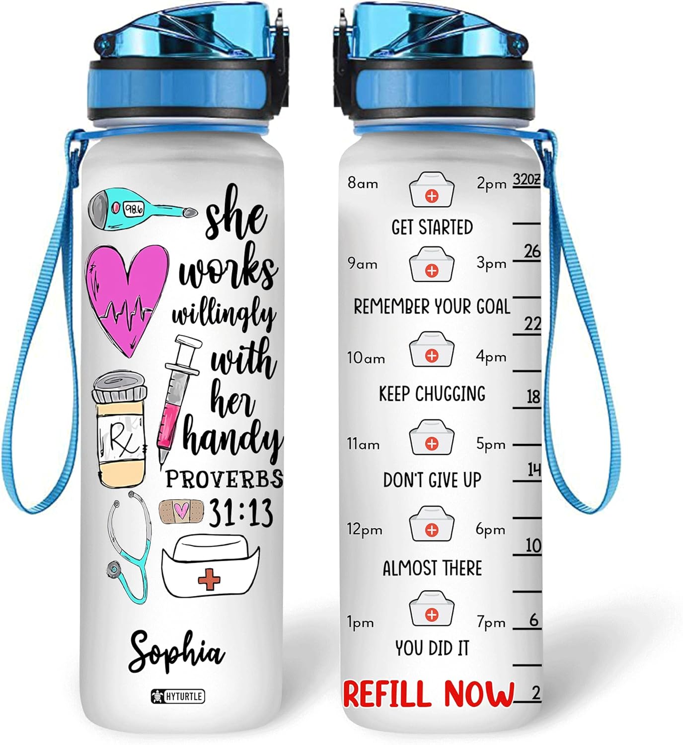 Proverbs Nurse Water Bottle Tracker 32oz – Personalized Motivational Bottle with Time Marker – Appreciation Gift for Nurses