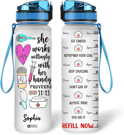 Proverbs Nurse Water Bottle Tracker 32oz – Personalized Motivational Bottle with Time Marker – Appreciation Gift for Nurses