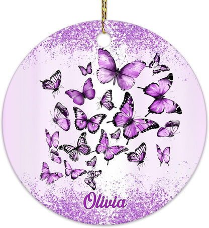 Purple Butterflies Swirl Ceramic Ornament – Personalized Custom Name Two-Sided Circle Keepsake, Christmas Gift for Butterfly Lover Women