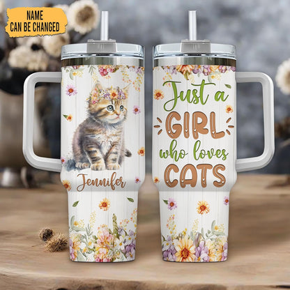 Cat Floral 40oz Tumbler with Handle & Straw – Personalized Stainless Steel Insulated Cup with Lid – Cute Gift for Cat Lovers