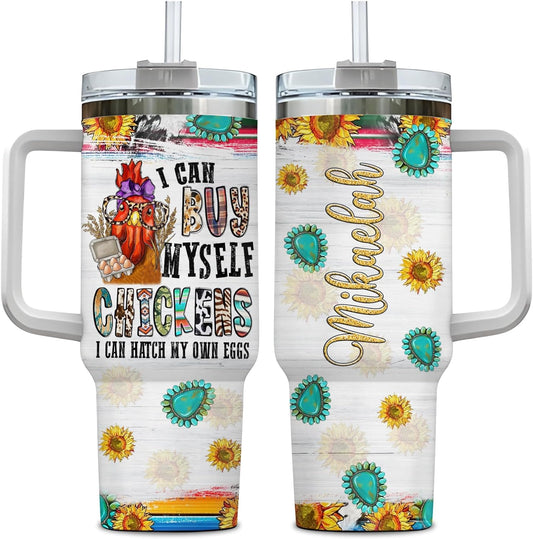 Sunflower Chicken Tumbler 40oz with Handle & Straw – Personalized Stainless Steel Insulated Travel Cup with Lid – Stylish Gift for Farm Animal Lovers