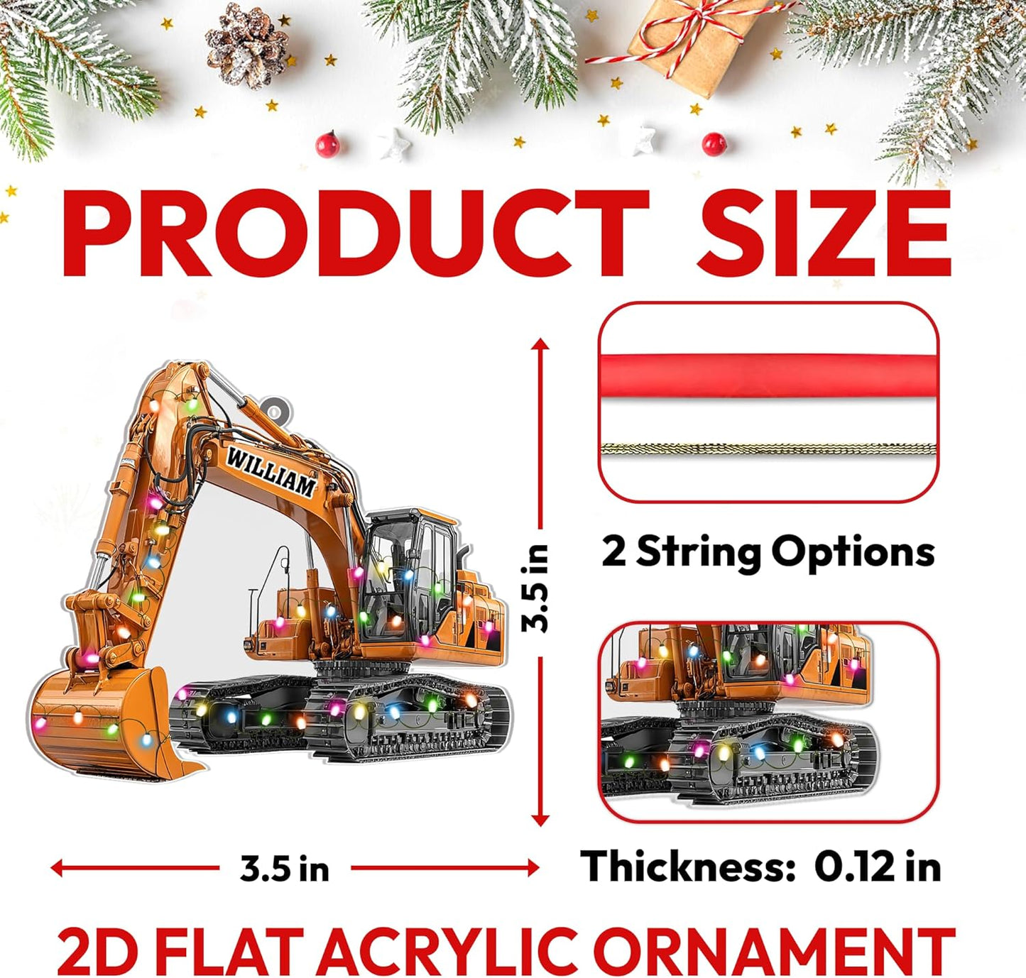 Excavator with string lights cut acrylic ornament – personalized 2D flat silhouette, custom name Christmas gift for operator, construction worker or contractor