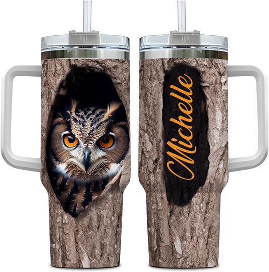 Realistic Owl Tree Hollow Tumbler 40oz with Handle & Straw – Personalized Stainless Steel Travel Cup with Lid – Unique Gift for Owl Lovers