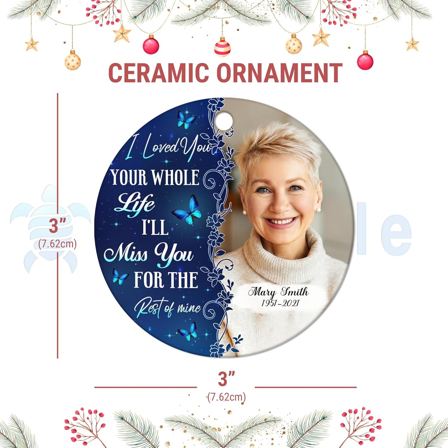Blue Butterflies Memorial Ceramic Ornament – Personalized Photo Remembrance Gift for Loss of Loved One at Christmas