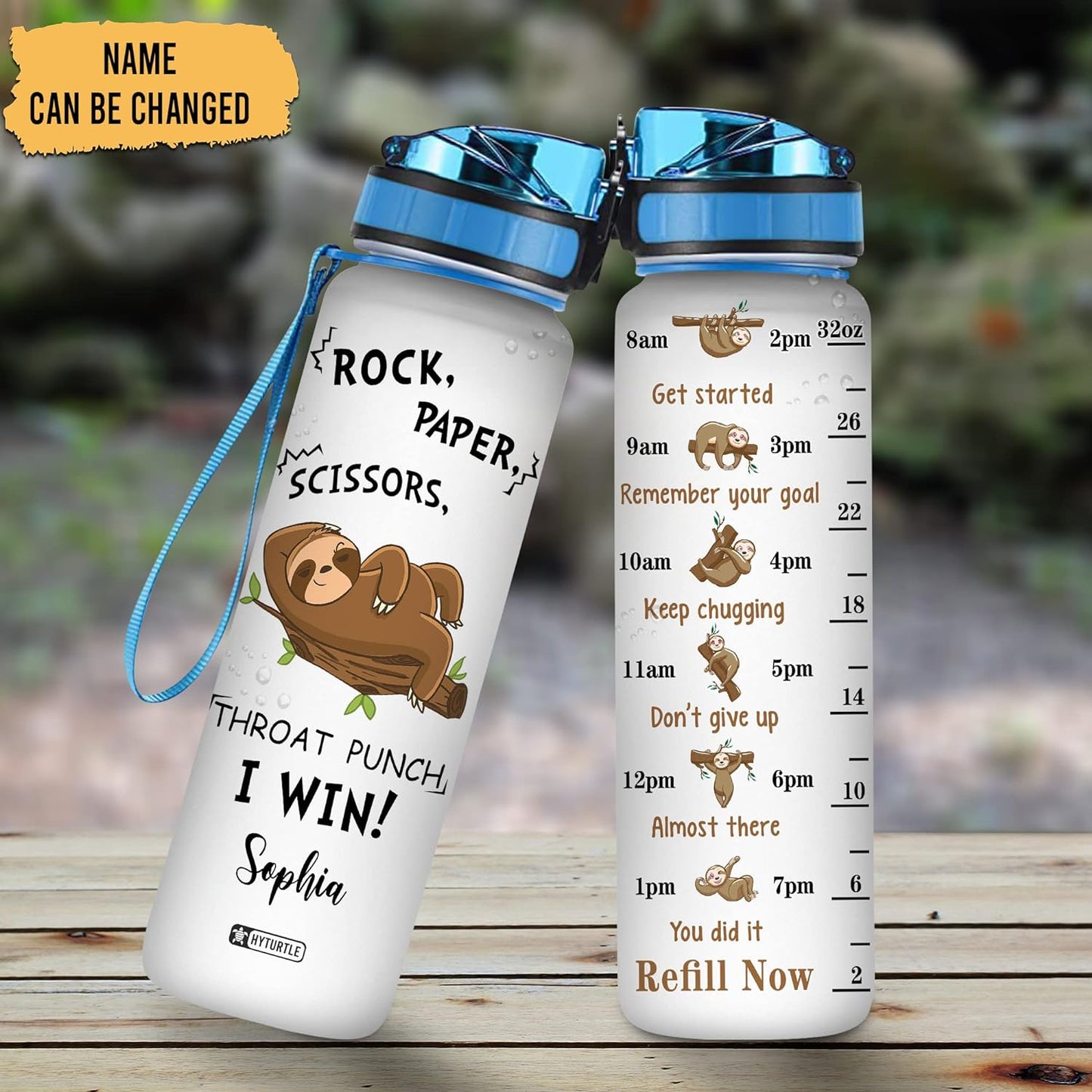 Rock Paper Scissors Sloth Water Bottle Tracker 32oz – Personalized Funny Gift for Teens, Friends & Sloth Lovers