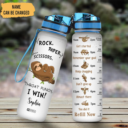 Rock Paper Scissors Sloth Water Bottle Tracker 32oz – Personalized Funny Gift for Teens, Friends & Sloth Lovers