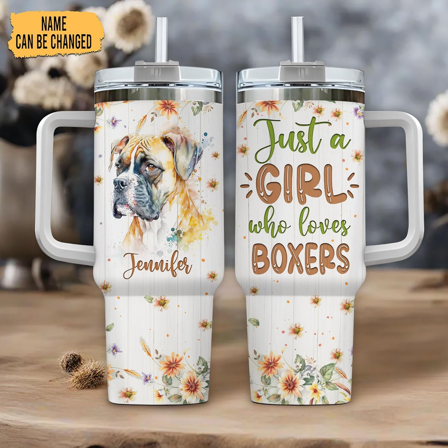 Boxer Lover Tumbler 40oz with Handle & Straw – Personalized Stainless Steel Insulated Travel Mug – Fun Gift for Dog Moms