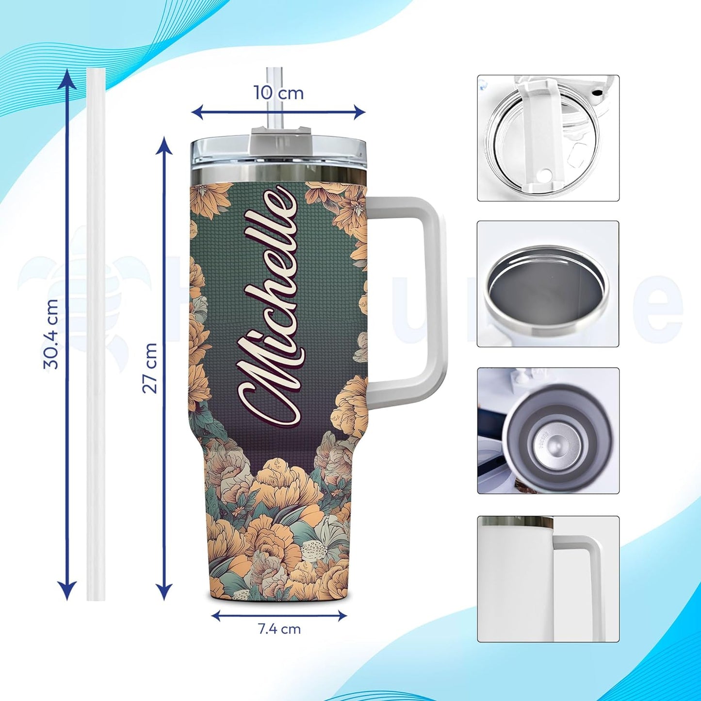 Floral Unicorn Tumbler 40oz with Handle & Straw – Personalized Stainless Steel Travel Cup with Lid – Magical Gift for Fantasy Lovers