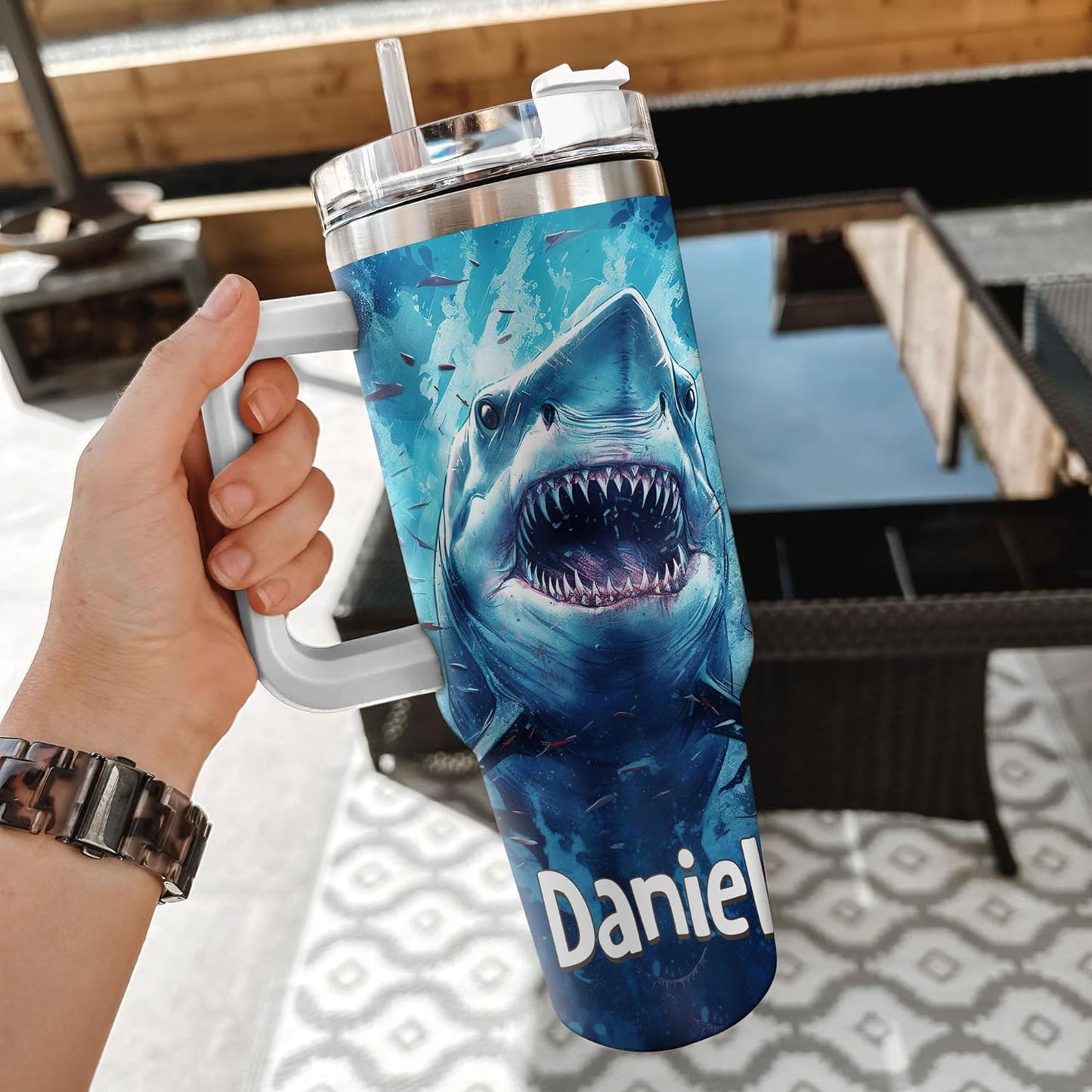 Fierce Shark Ocean Tumbler 40oz with Handle & Straw – Personalized Stainless Steel Travel Cup with Lid – Cool Gift for Shark Lovers