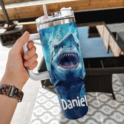 Fierce Shark Ocean Tumbler 40oz with Handle & Straw – Personalized Stainless Steel Travel Cup with Lid – Cool Gift for Shark Lovers