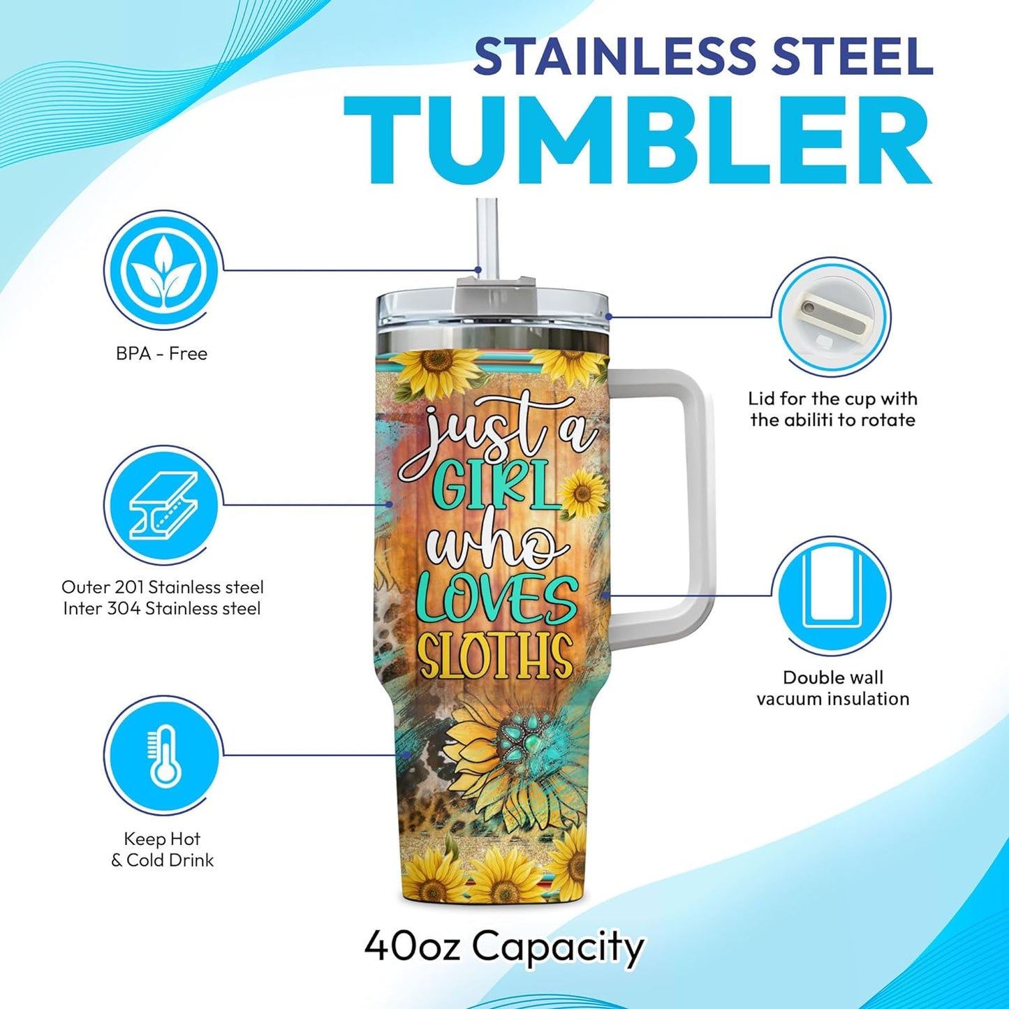 Sunflower Sloth Tumbler 40oz with Handle & Straw – Personalized Stainless Steel Insulated Travel Cup with Lid – Cute Gift for Sloth Lovers