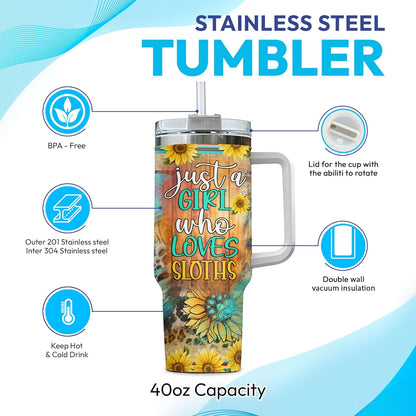 Sunflower Sloth Tumbler 40oz with Handle & Straw – Personalized Stainless Steel Insulated Travel Cup with Lid – Cute Gift for Sloth Lovers