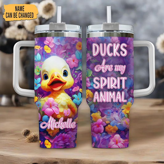 Duck Lover Tumbler 40oz with Handle & Straw – Personalized Stainless Steel Insulated Travel Cup with Lid – Cute Farm Animal Gift for Birthday & Holidays