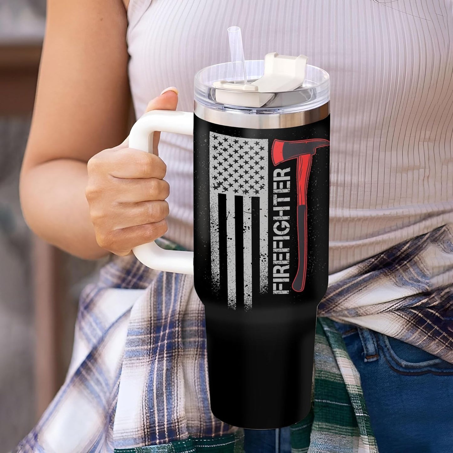 Firefighter Department Tumbler 40oz with Handle & Straw – Personalized Stainless Steel Insulated Travel Cup with Lid – Thoughtful Gift for Firefighter Dads