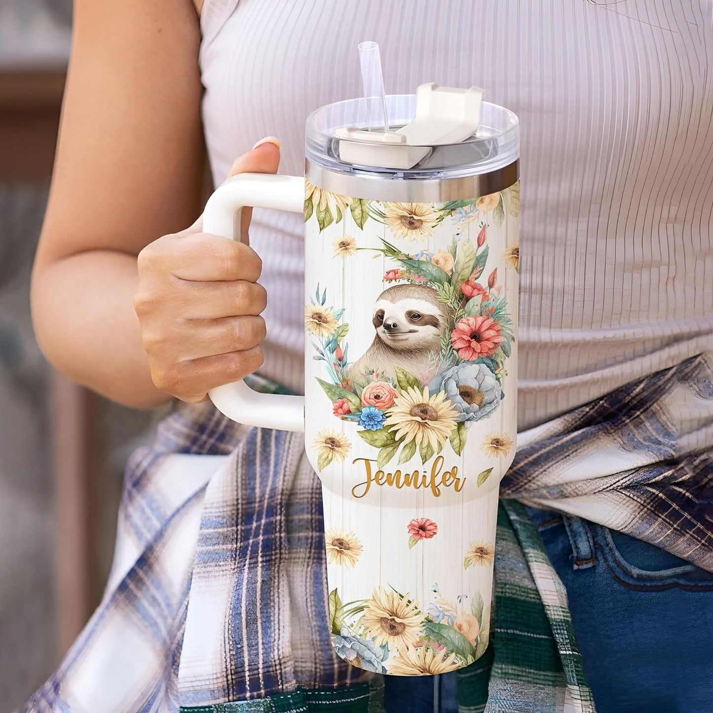 Sloth Floral Tumbler 40oz – Personalized Stainless Steel Insulated Cup with Handle & Straw – Unique Gift for Sloth Lovers