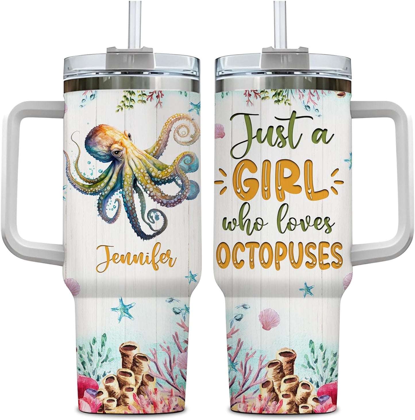 Artistic Octopus 40oz Tumbler with Handle & Straw – Personalized Stainless Steel Insulated Travel Cup with Lid – Creative Gift for Ocean Lovers