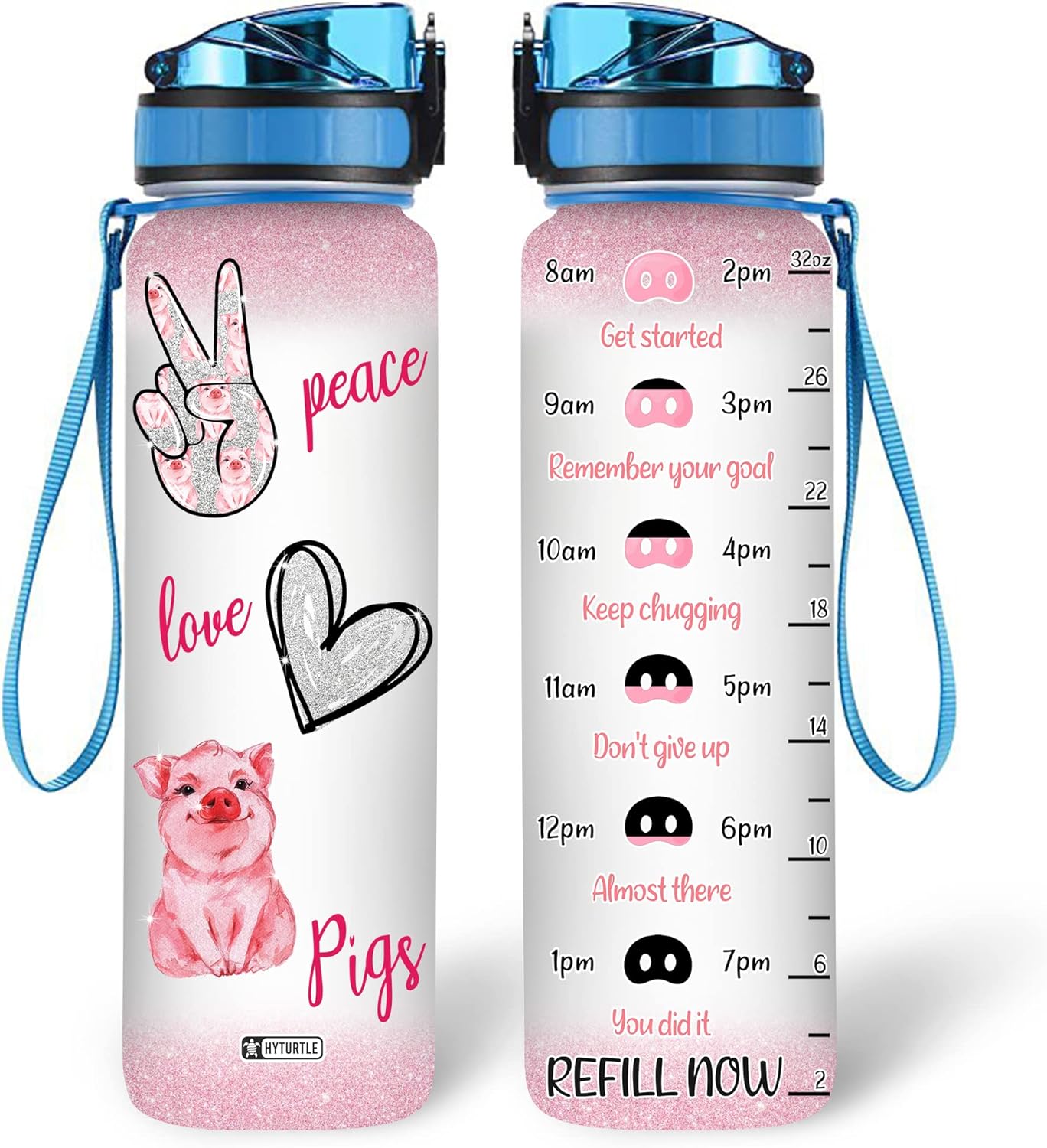 Peace Love Pig Water Bottle Tracker 32oz – Personalized Motivational Bottle with Time Marker – Cute Gift for Pig Lovers