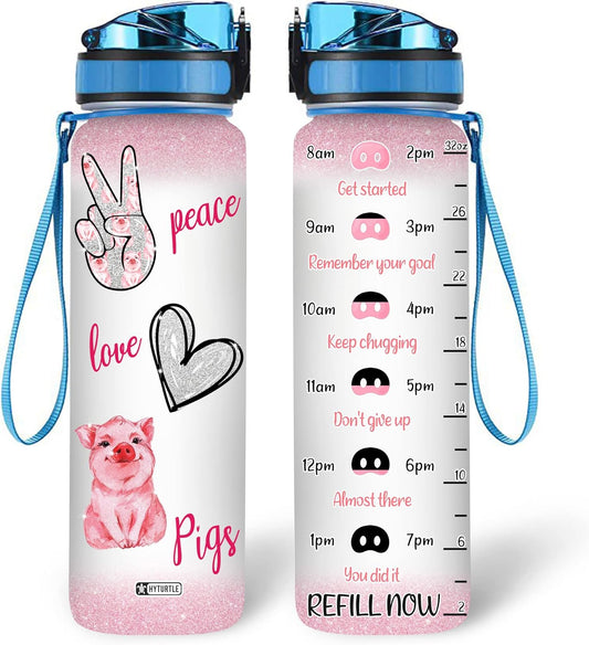 Peace Love Pig Water Bottle Tracker 32oz – Personalized Motivational Bottle with Time Marker – Cute Gift for Pig Lovers