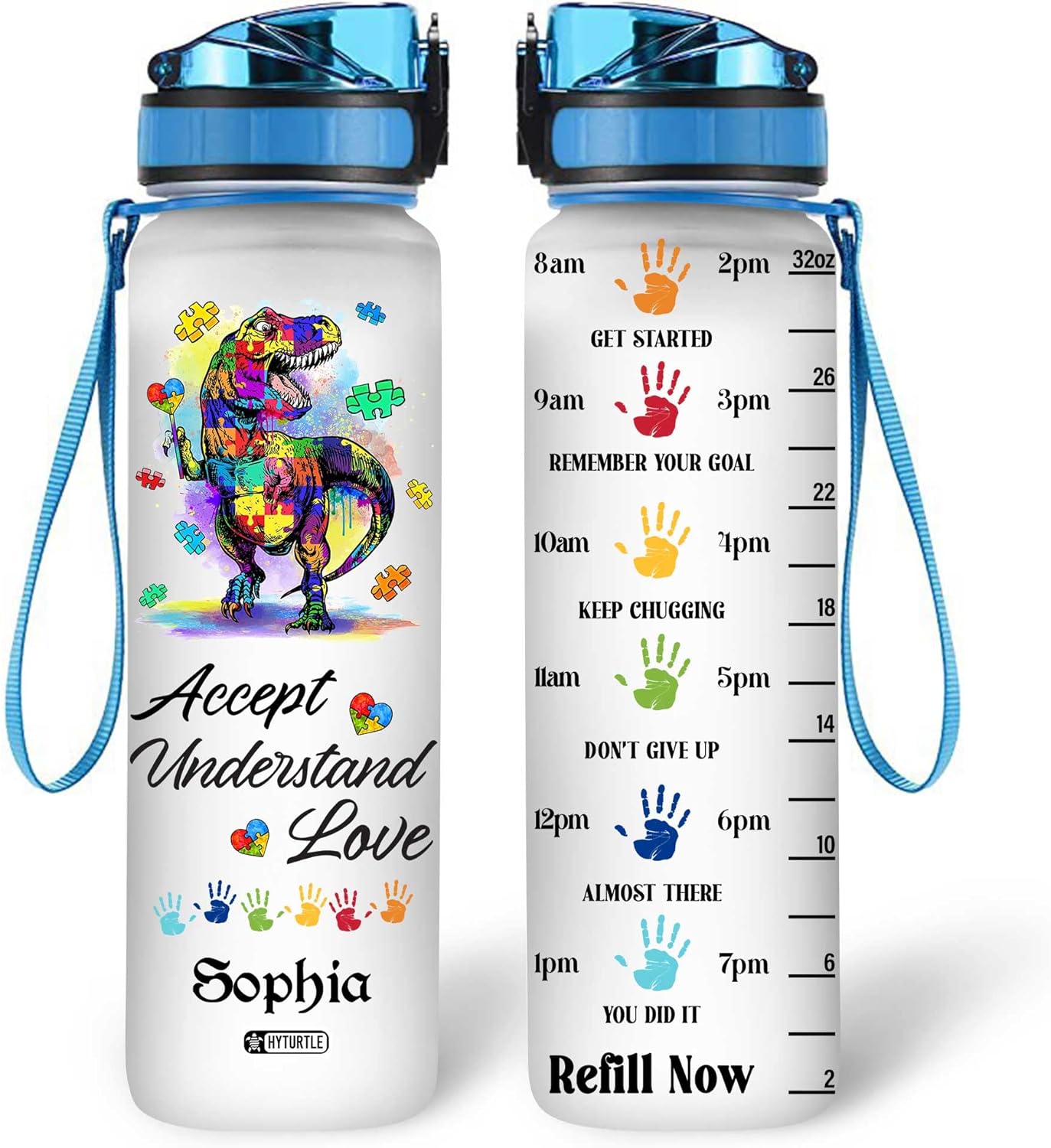 Dinosaur Autism Theme - Personalized Water Tracker Bottle 32oz