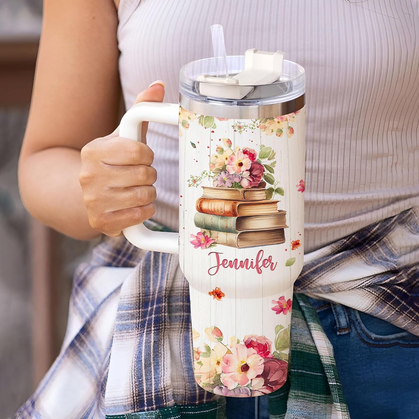 Vintage Books 40oz Tumbler with Handle & Straw – Personalized Stainless Steel Insulated Travel Cup with Lid – Creative Gift for Book Lovers