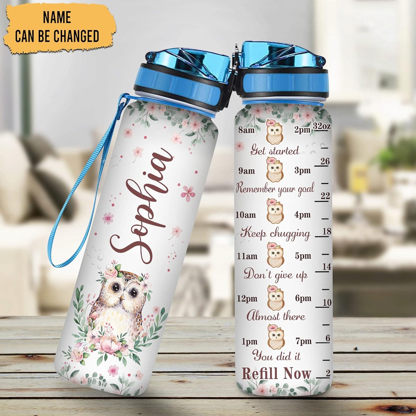 Floral Owl Water Bottle Tracker 32oz – Personalized Motivational Water Bottle with Time Marker & Strap – Stylish Gift for Owl Lovers