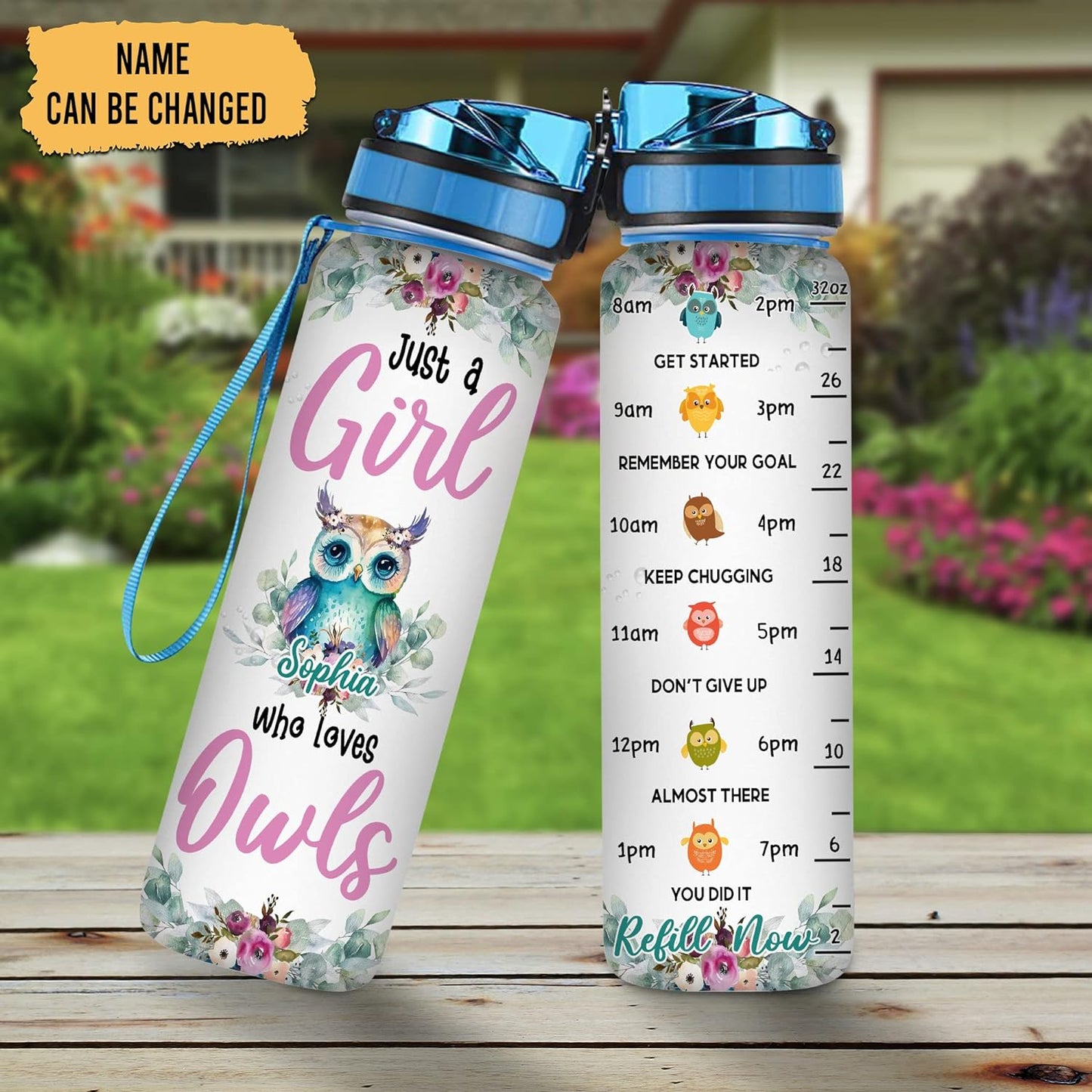 Owl Water Bottle Tracker 32oz Personalized – Colorful Floral Owl Hydration Bottle with Time Marker – Creative Gift for Owl Lovers
