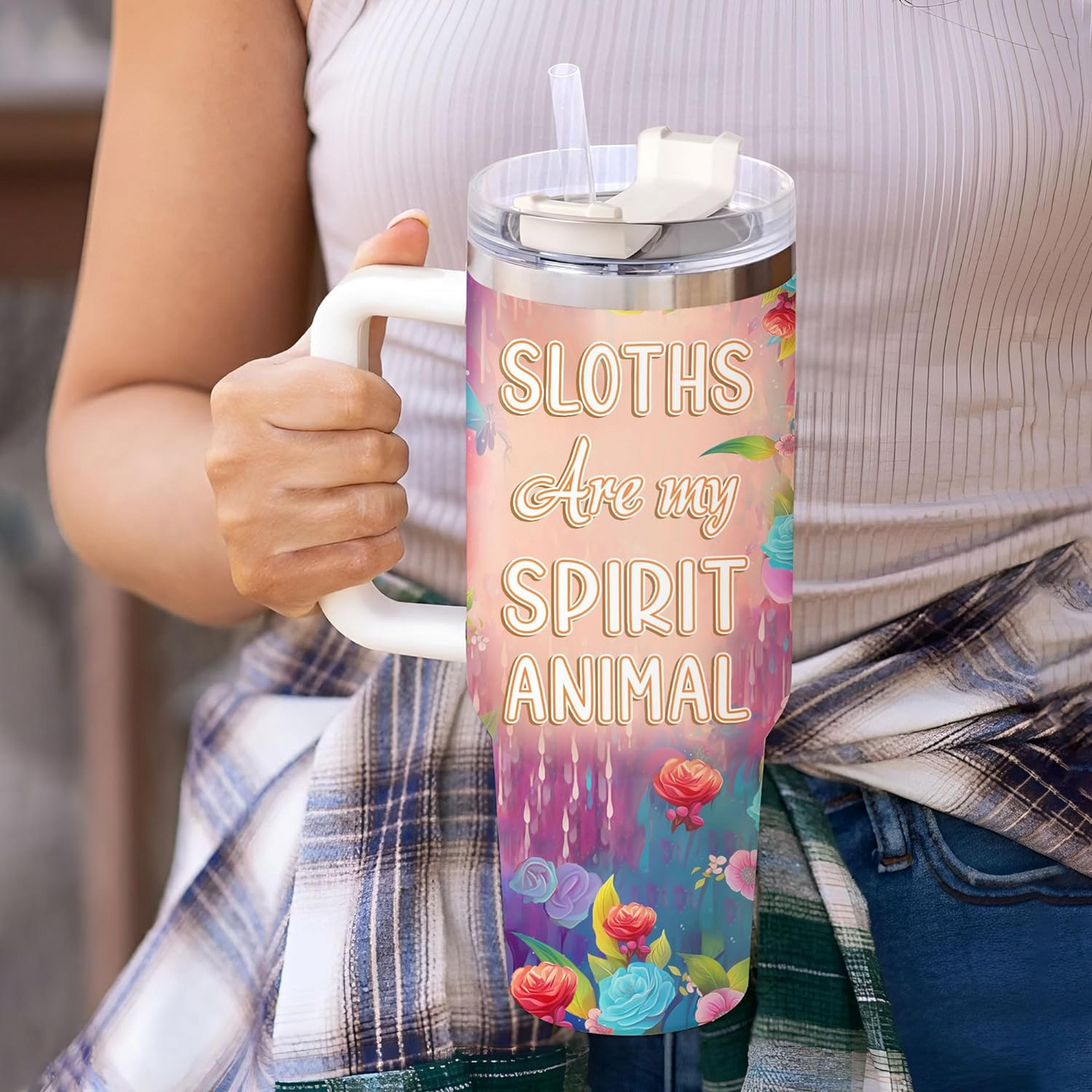 Sloth Lover Tumbler 40oz with Handle & Straw – Personalized Stainless Steel Insulated Cup with Lid – Cute Birthday Gift for Animal Lovers