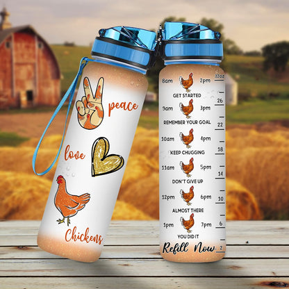 Peace Love Chicken Water Bottle Tracker 32oz – Personalized Hydration Bottle with Time Marker – Unique Gift for Farm Animal Lovers