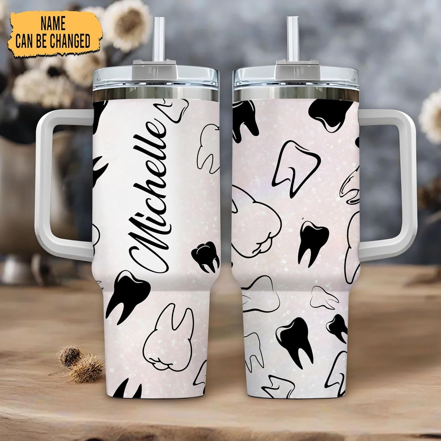 Dentist Themed Tumbler 40oz with Handle & Straw – Personalized Stainless Steel Travel Cup with Lid – Fun Gift for Dental Professionals