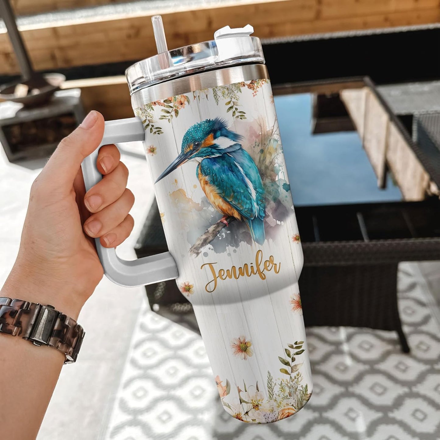 Kingfisher Tumbler 40oz – Personalized Stainless Steel Insulated Travel Cup with Handle & Straw – Artistic Bird Mug Gift for Women & Girls