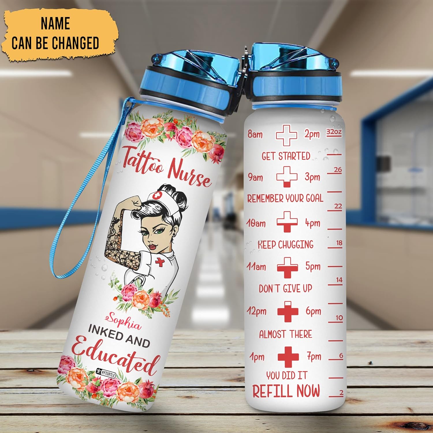 Tattoo Nurse Educated - Personalized Water Tracker Bottle 32oz