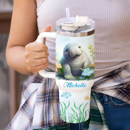 Manatee Ocean Theme Tumbler 40oz with Handle & Straw – Personalized Stainless Steel Insulated Cup with Lid – Cute Gift for Sea Animal Lovers