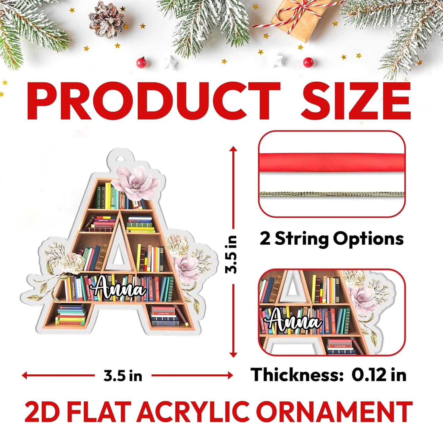 Letter-Initial Bookshelf Cut Acrylic Ornament – Personalized Library Gift for Book Lover or Teacher, Bookish Christmas Tree Decor with Custom Name