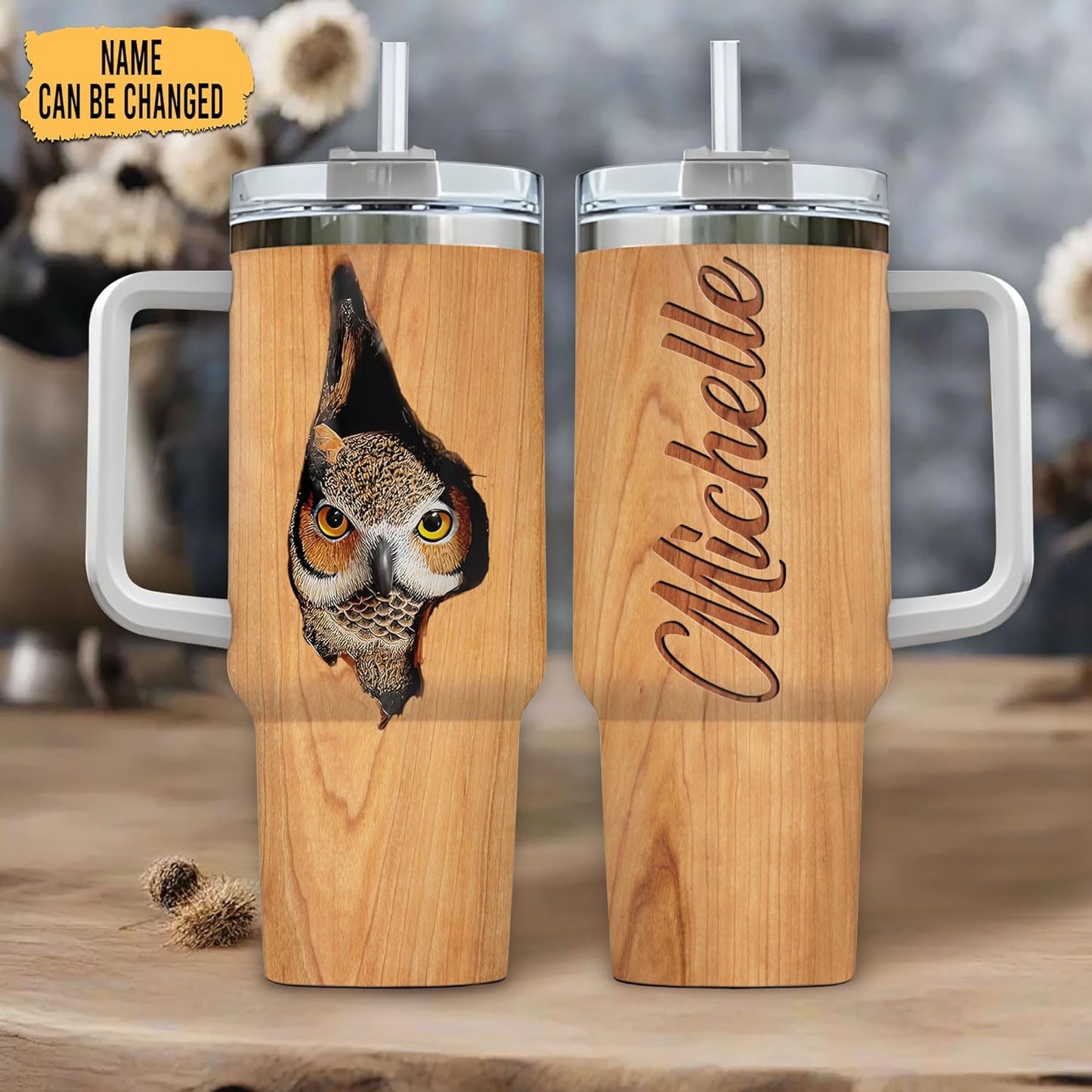 Rustic Wood Owl Tumbler 40oz with Handle & Straw – Personalized Stainless Steel Insulated Cup with Lid – Unique Gift for Owl Lovers