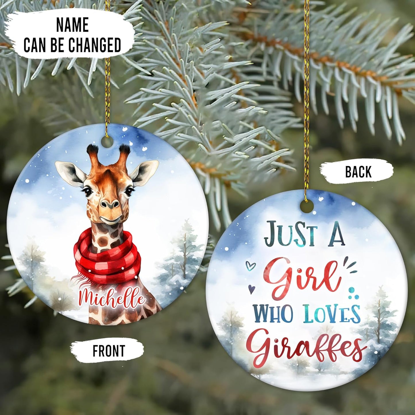 Giraffe in Scarf Winter Scene Ceramic Circle Ornament – Personalized Christmas Gift for Giraffe Lover, Animal Fan or Nature-Inspired Decor