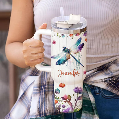 Dragonfly Lover Tumbler 40oz with Handle & Straw – Personalized Stainless Steel Travel Cup with Lid – Artistic Gift for Nature Lovers