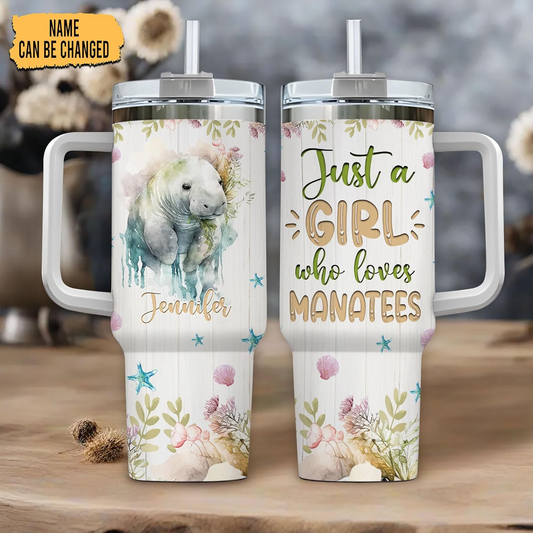 Manatee Ocean Lover Tumbler 40oz – Personalized Stainless Steel Travel Cup with Handle & Straw, Watercolor Marine Design – Unique Gift for Women & Girls