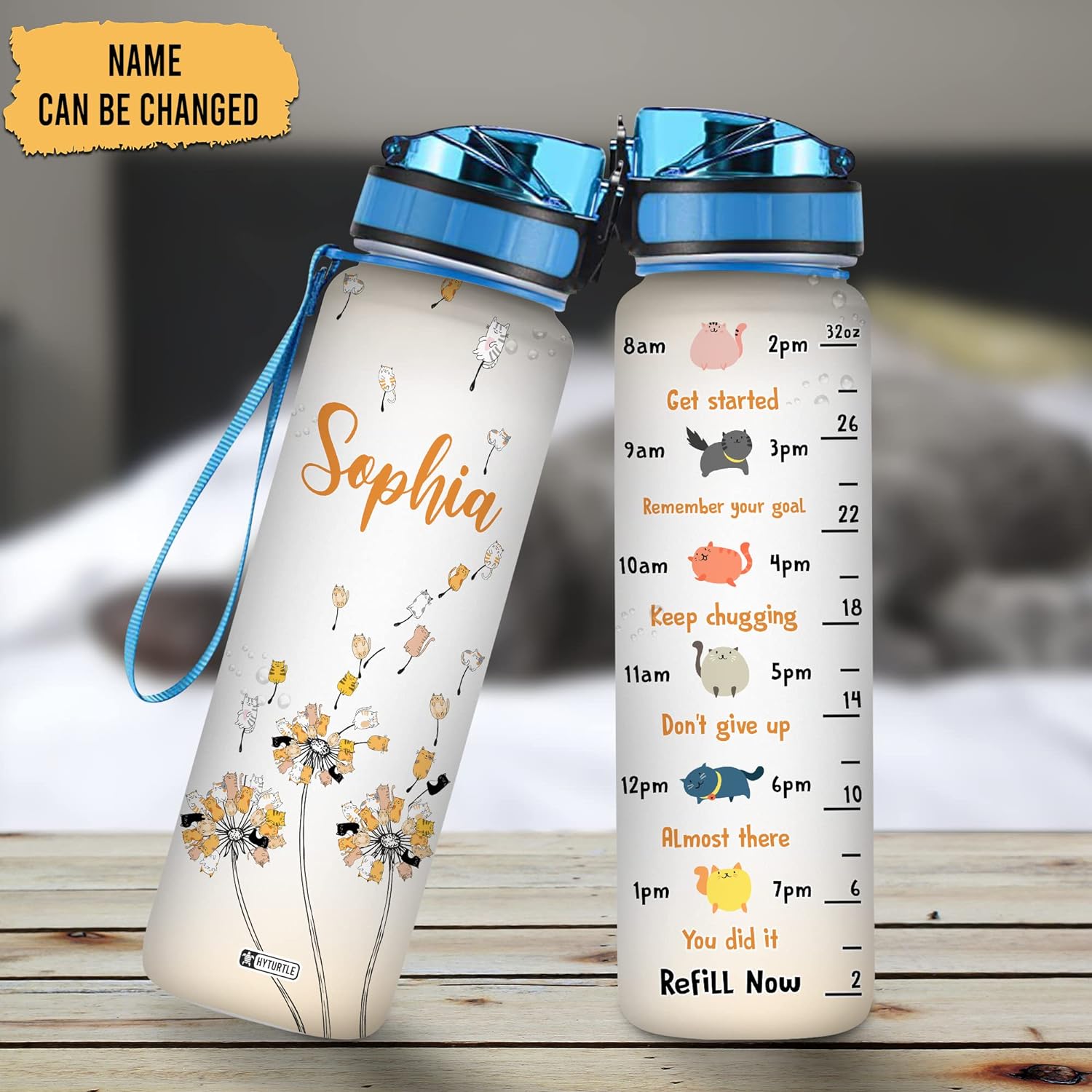 Cat Dandelion Theme - Personalized Water Tracker Bottle 32oz