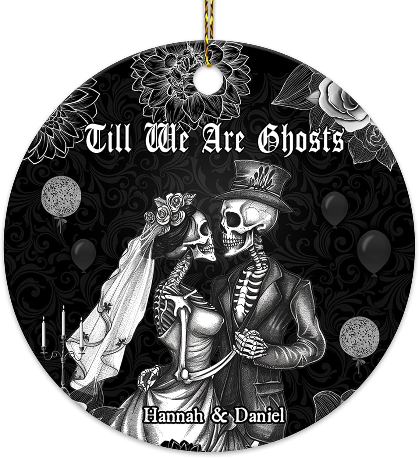 Gothic Skeleton Bride & Groom Ceramic Ornament – Personalized Halloween or Anniversary Gift for Alternative Couple
