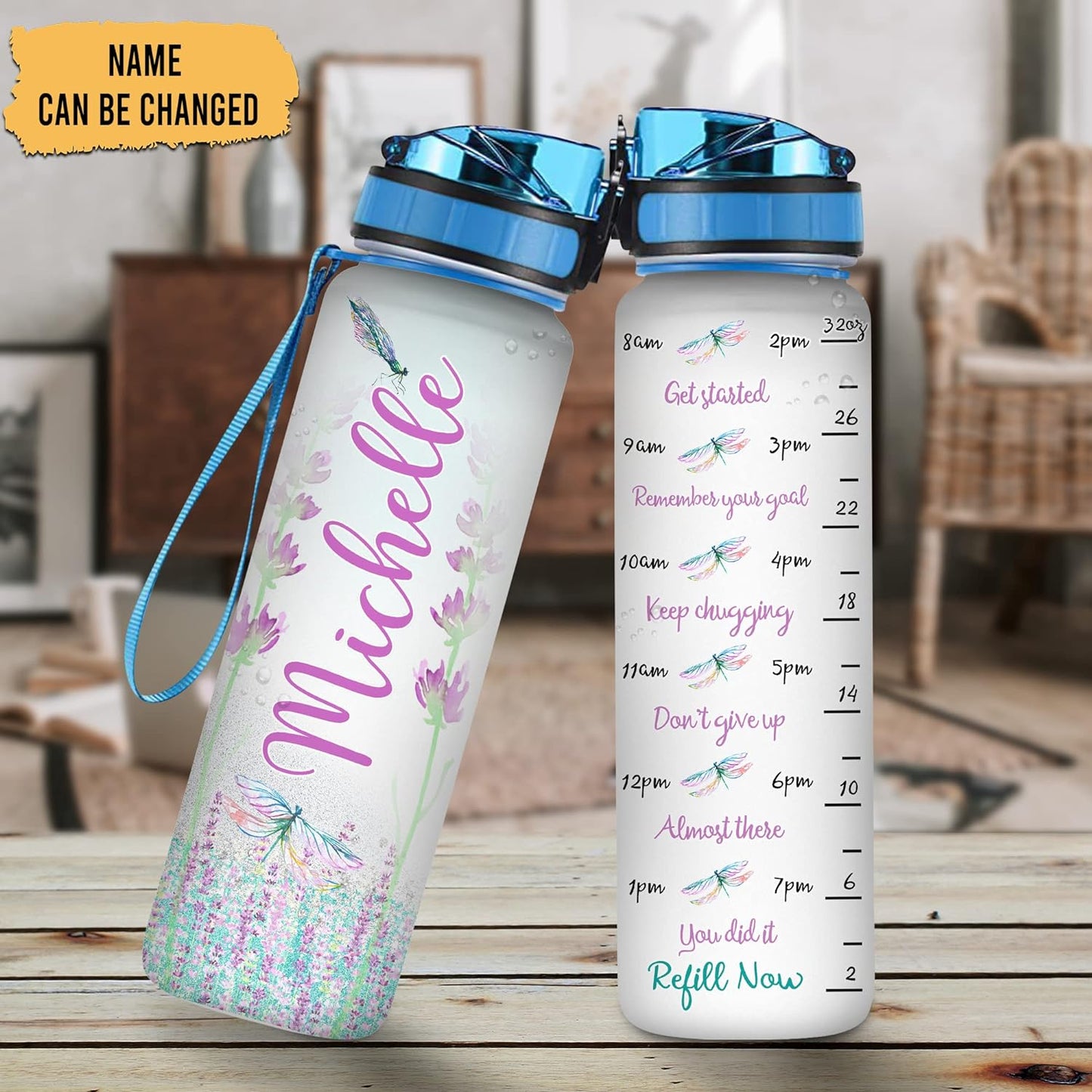 Dragonfly Floral Theme - Personalized Water Tracker Bottle 32oz