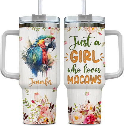 Macaw Tumbler 40oz with Handle & Straw – Personalized Stainless Steel Insulated Travel Cup with Lid – Artistic Gift for Parrot Lovers