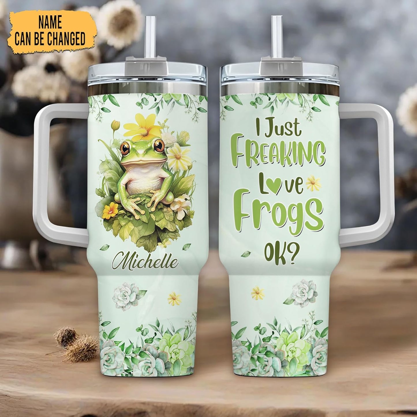 Floral Frog Tumbler 40oz with Handle & Straw – Personalized Stainless Steel Insulated Travel Cup with Lid – Fun Gift for Frog Lovers