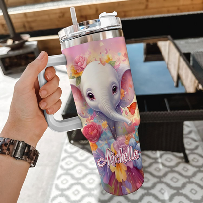 Elephant Lover Tumbler 40oz with Handle & Straw – Personalized Stainless Steel Insulated Cup with Lid – Unique Birthday Gift for Women & Girls