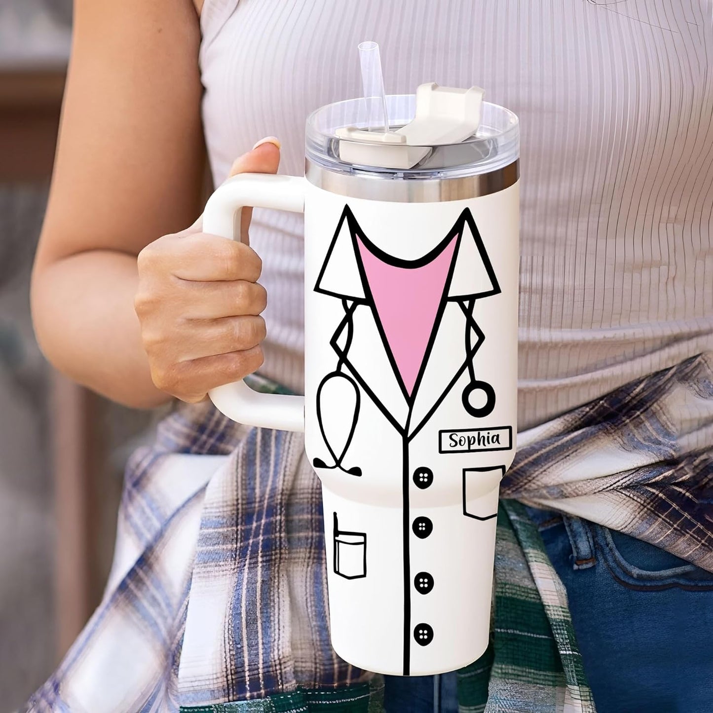 Funny Dentist Tumbler 40oz with Handle & Straw – Personalized Stainless Steel Travel Cup with Lid – Creative Gift for Dental Professionals